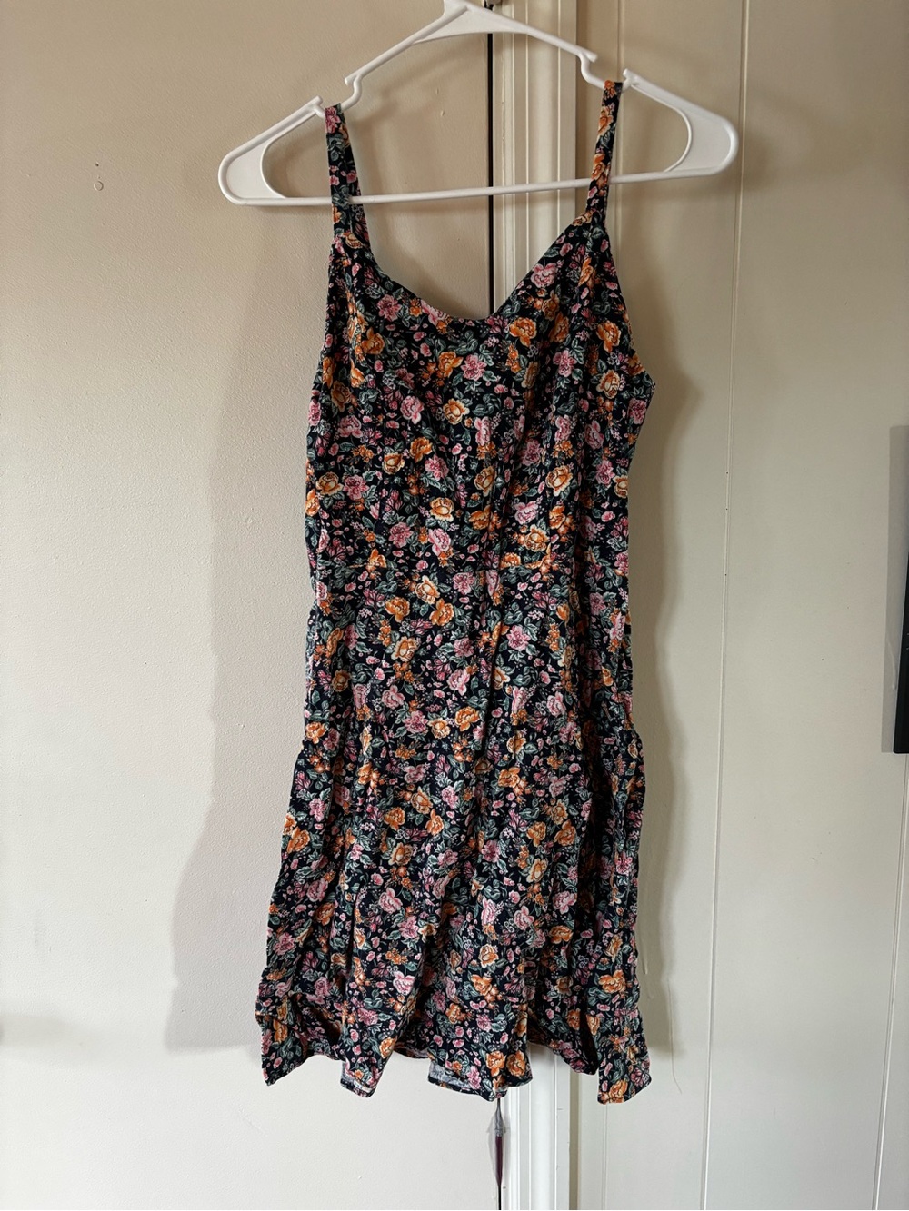 Old Navy Black Floral Spaghetti-Strap Mini Dress with Pink & Orange Blooms